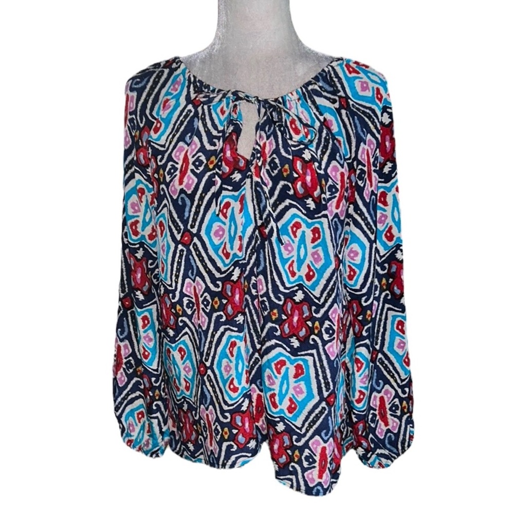 Tolani Silk Geometric Print Tie Neck Balloon Sleeve Peasant Blouse - L